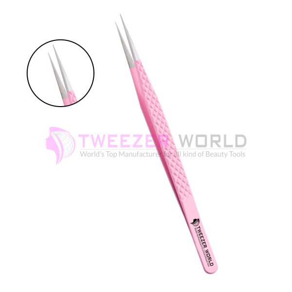Straight Isolation Diamond Grip Pink Powder Coated Eyelash Tweezers