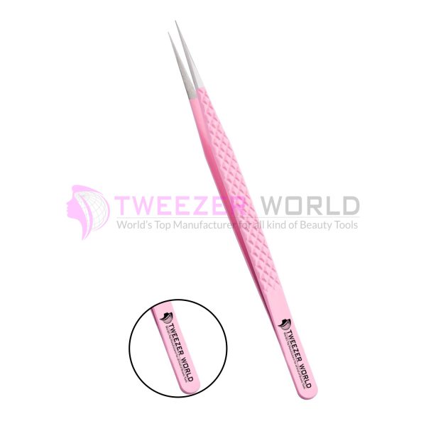Straight Isolation Diamond Grip Pink Powder Coated Eyelash Tweezers