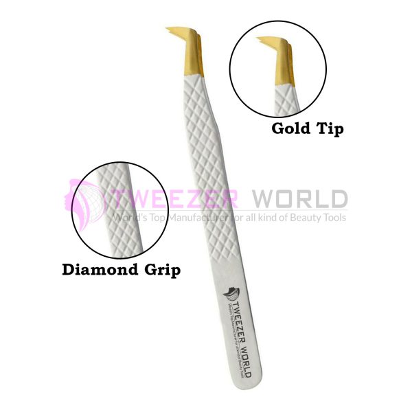 Diamond Grip White Handle With Gold Tip Best Volume Eyelash Tweezers