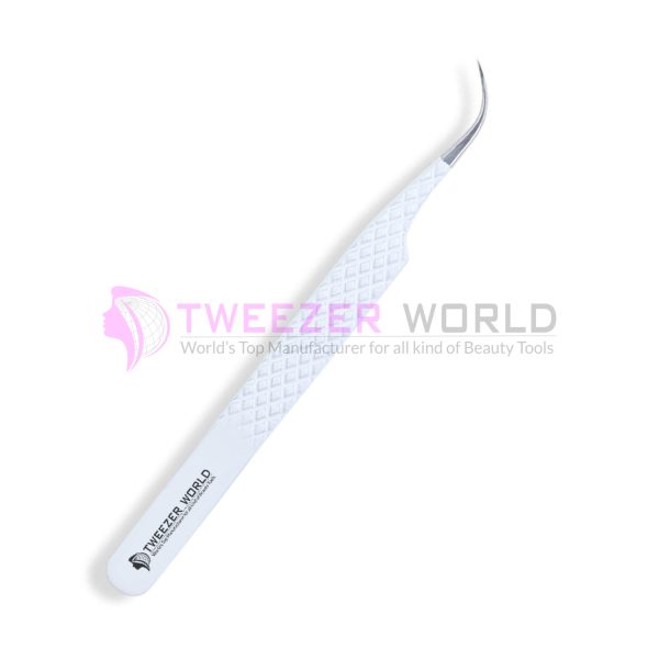 S-Curved Diamond Grip Fine Point White Handle Tweezers