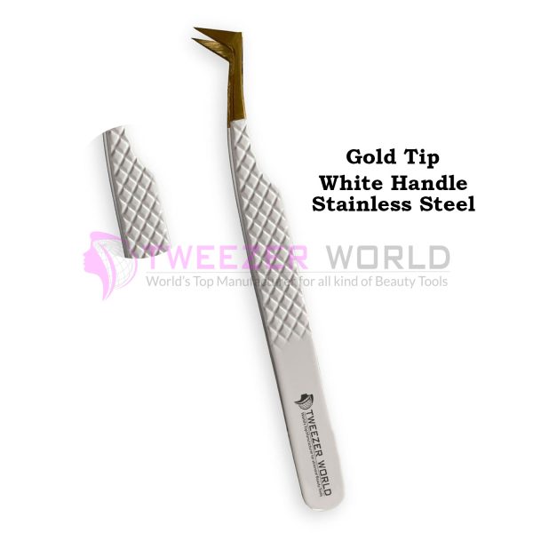 Gold Tip L-Shape Diamond Grip White Handle Best Volume Tweezers