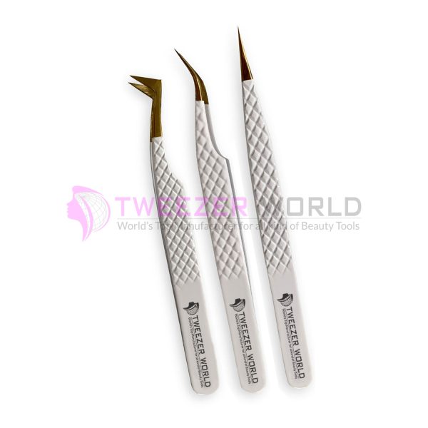 3pcs Premium Diamond Grip White Handle Gold Tip Eyelash Tweezers Set