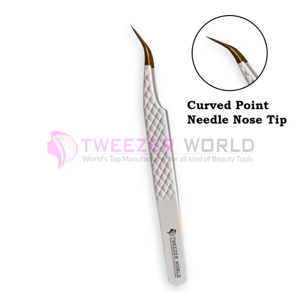 Professional Diamond Grip White Handle Gold Tip Curved Tweezers