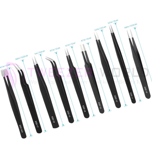 Precision Tweezers Pack of 9, ESD Stainless Steel Anti-static Tool Kit