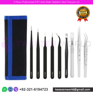 9 Pieces Professional ESD Anti-Static Stainless Steel Tweezers set