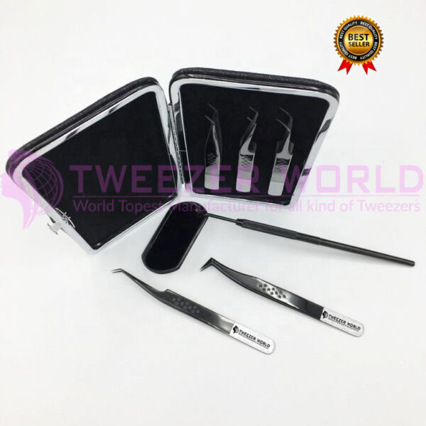 5 Pcs Titanium Black Coated Eyelash Extension Tweezers Set with Eyelash Mirror and Magnet Box