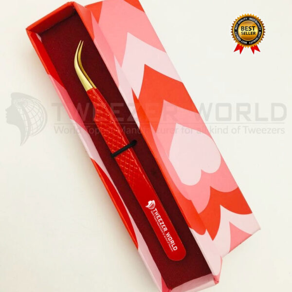 Powder Coated Red Handle With Gold Fiber Tip Eyelash Extension Tweezer