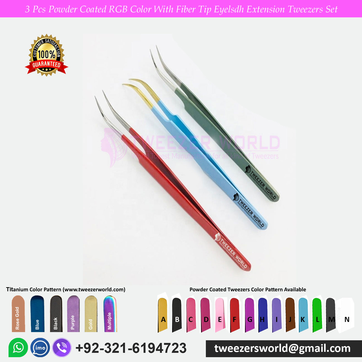 3 Pcs Powder Coated RGB Color With Fiber Tip Eyelash Extension Tweezers Set For professional Used
