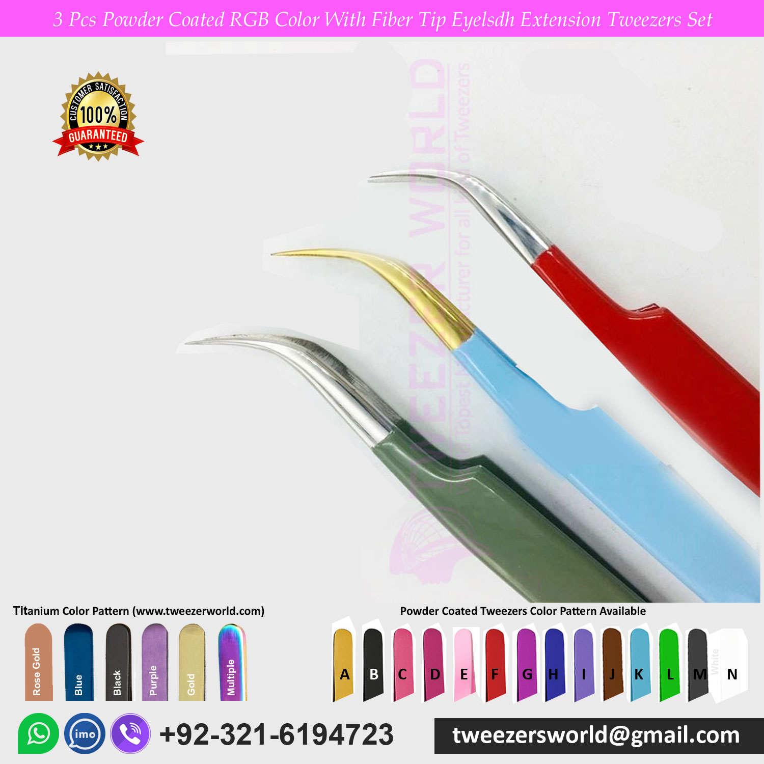 3 Pcs Powder Coated RGB Color With Fiber Tip Eyelash Extension Tweezers Set For professional Used