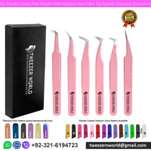 6 Pcs Powder Coated Pink Handle With Stainless Steel Fiber Tip Eyelash Extension Tweezers Set