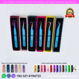6 Pcs Powder Coated Blue Handle With Rainbow Tip Eyelash Extension Tweezers Set