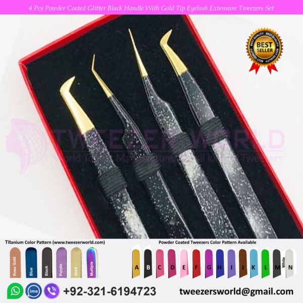 4 Pcs Powder Coated Glitter Black Handle With Gold Tip Eyelash Extension Tweezers Set