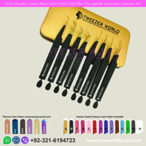 8 Pcs Powder Coated Black Color With Gold Fiber Tip Eyelash Extension Tweezers Set