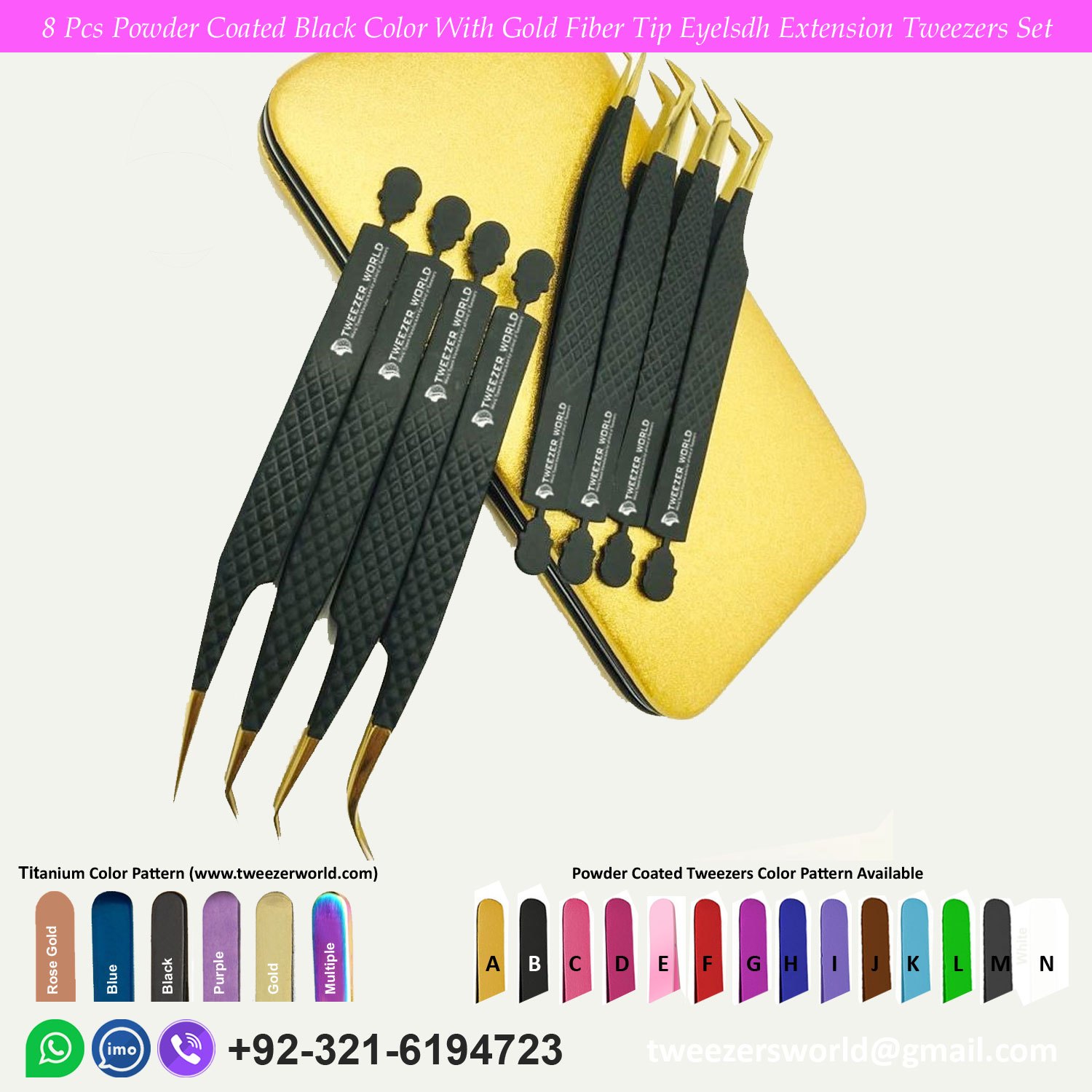8 Pcs Powder Coated Black Color With Gold Fiber Tip Eyelash Extension Tweezers Set