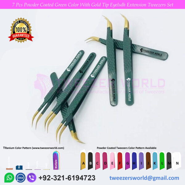 7 Pcs Powder Coated Green Color With Gold Tip Eyelash Extension Tweezers Set
