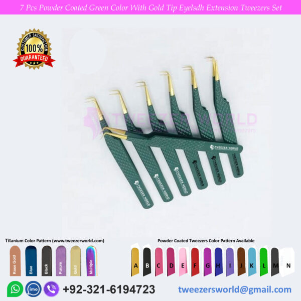 7 Pcs Powder Coated Green Color With Gold Tip Eyelash Extension Tweezers Set