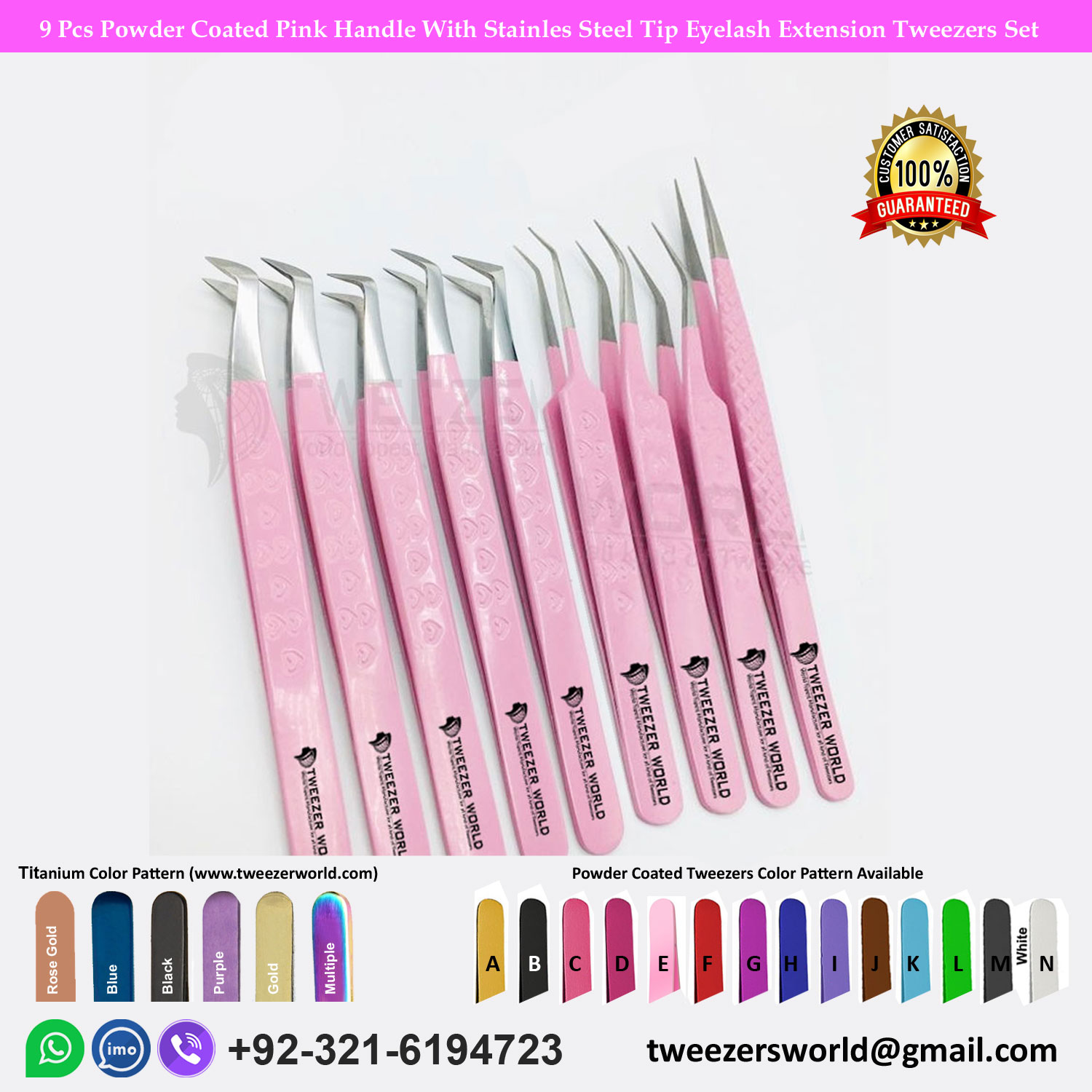 9 Pcs Powder Coated Pink Handle With Stainless Steel Tip Eyelash Extension Tweezers Set