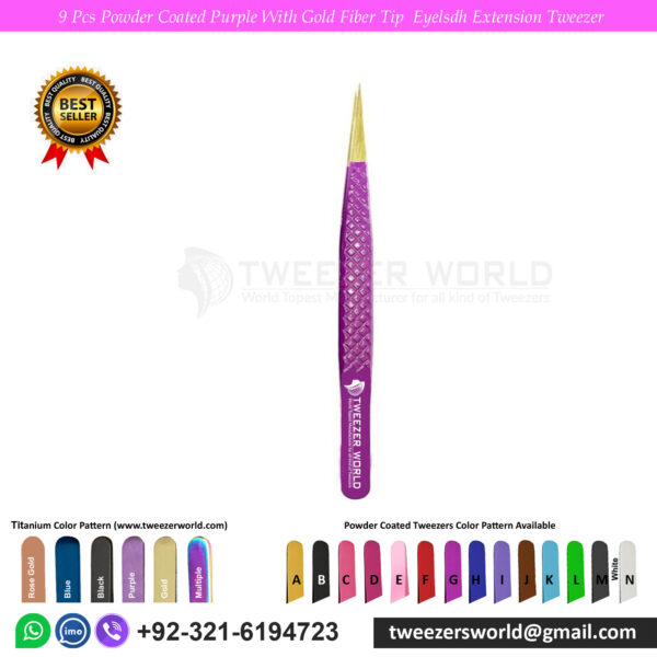 9 Pcs Powder Coated Purple Handle with Gold Fiber Tip Eyelash Extension Tweezers Set
