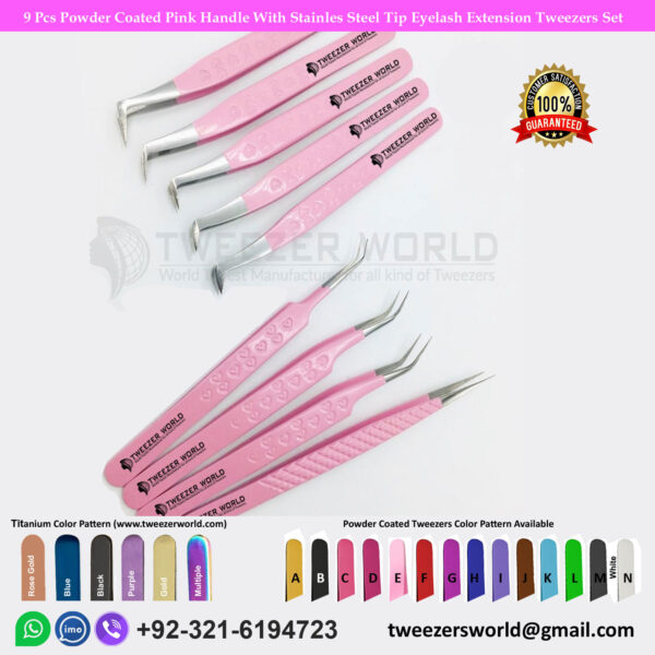 9 Pcs Powder Coated Pink Handle With Stainless Steel Tip Eyelash Extension Tweezers Set