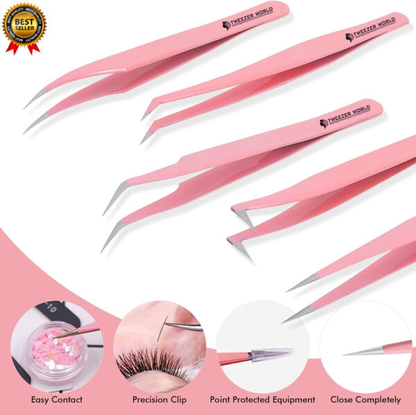 5 Pcs Powder Coated Pink Eyelash Extension Tweezers Set for Professionals