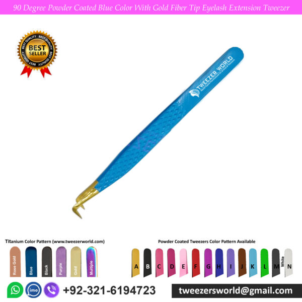 90 Degree Powder Coated Blue Color With Gold Fiber Tip Eyelash Extension Tweezer