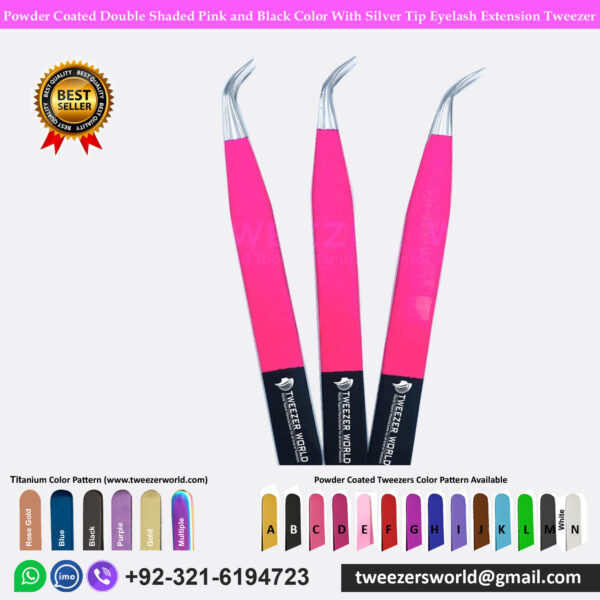 3 Pcs Double Shaded Powder Coated Pink and Black With Silver Tip Eyelash Extension Tweezers