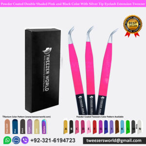 3 Pcs Double Shaded Powder Coated Pink and Black With Silver Tip Eyelash Extension Tweezers