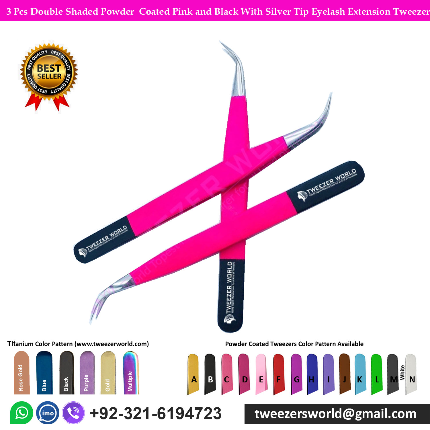 3 Pcs Double Shaded Powder  Coated Pink and Black With Silver Tip Eyelash Extension Tweezers
