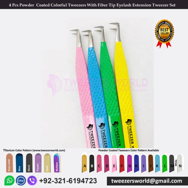 4 Pcs Powder Coated Colorful Tweezers With Fiber Tip Eyelash Extension Tweezer Set