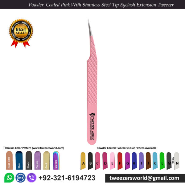 6 Pcs Powder Coated Pink Handle With Stainless Steel Fiber Tip Eyelash Extension Tweezers Set