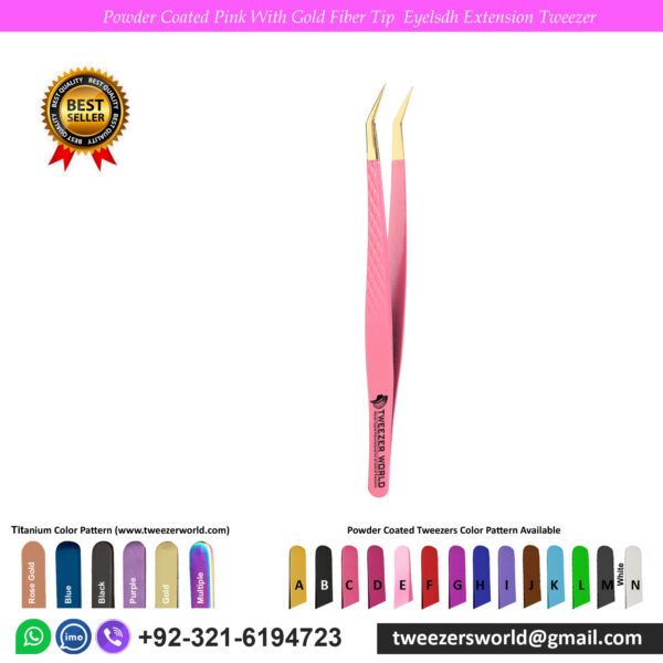 9 Pcs Powder Coated Pink Handle With Gold Fiber Tip Eyelash Extension Tweezers Set
