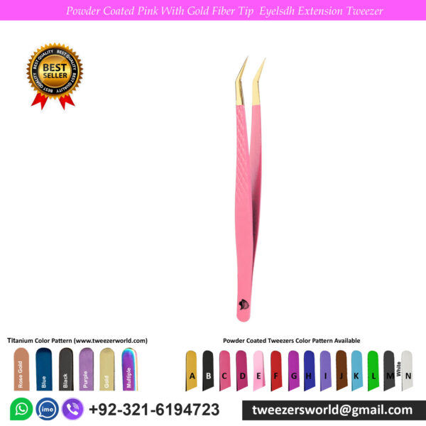 7 Pcs Powder Coated Pink Handle with Gold Fiber Tip Eyelash Extension Tweezers Set