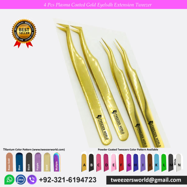 4 Pcs Plasma Coated Gold Eyelash Extension Tweezers Set for Professionals
