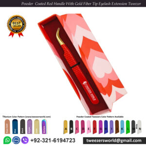 Powder Coated Red Handle With Gold Fiber Tip Eyelash Extension Tweezer