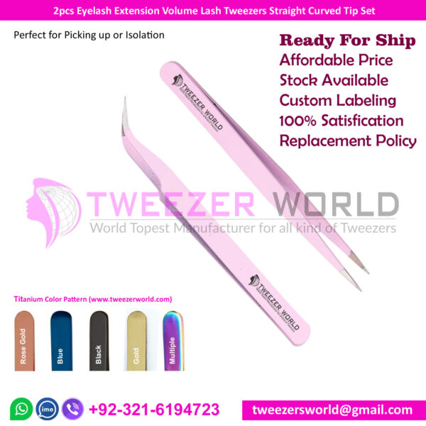 2pcs Eyelash Extension Volume Lash Tweezers Straight Curved Tip Sets