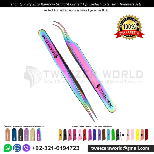 2pcs Rainbow Straight Curved Tip Eyelash Tweezers Sets