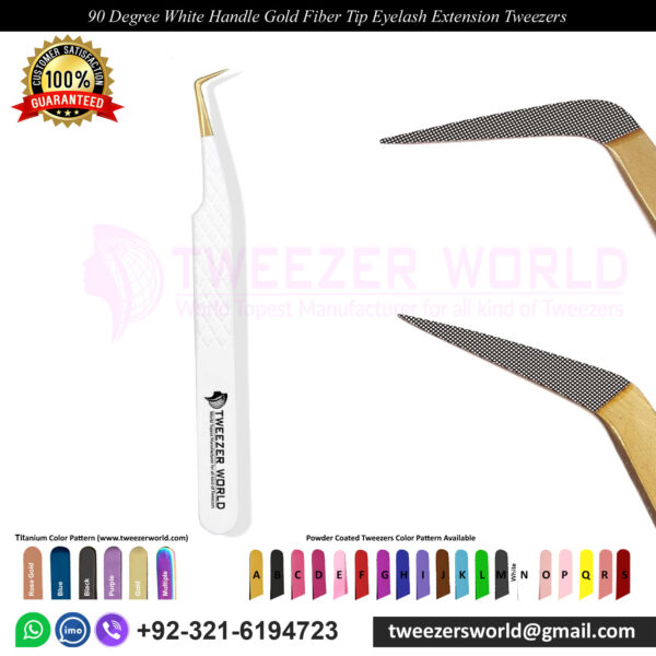 90 Degree White Handle Gold Fiber Tip Eyelash Tweezers