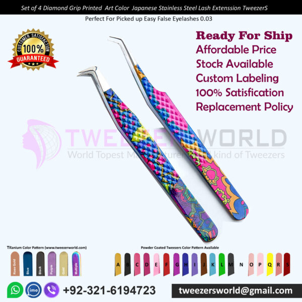 Set of 4 Diamond Grip Printed Art Color Japanese Stainless Steel Lash Extension Tweezers