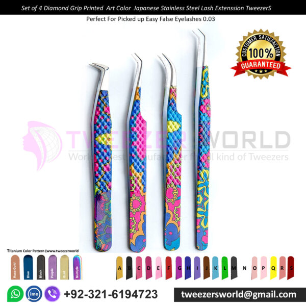 Set of 4 Diamond Grip Printed Art Color Japanese Stainless Steel Lash Extension Tweezers