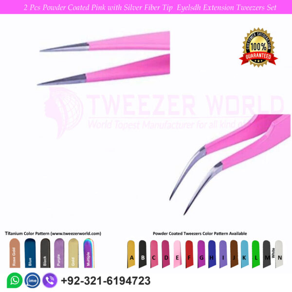 2 Pcs Powder Coated Pink with Silver Fiber Tip Eyelash Extension Tweezers Set