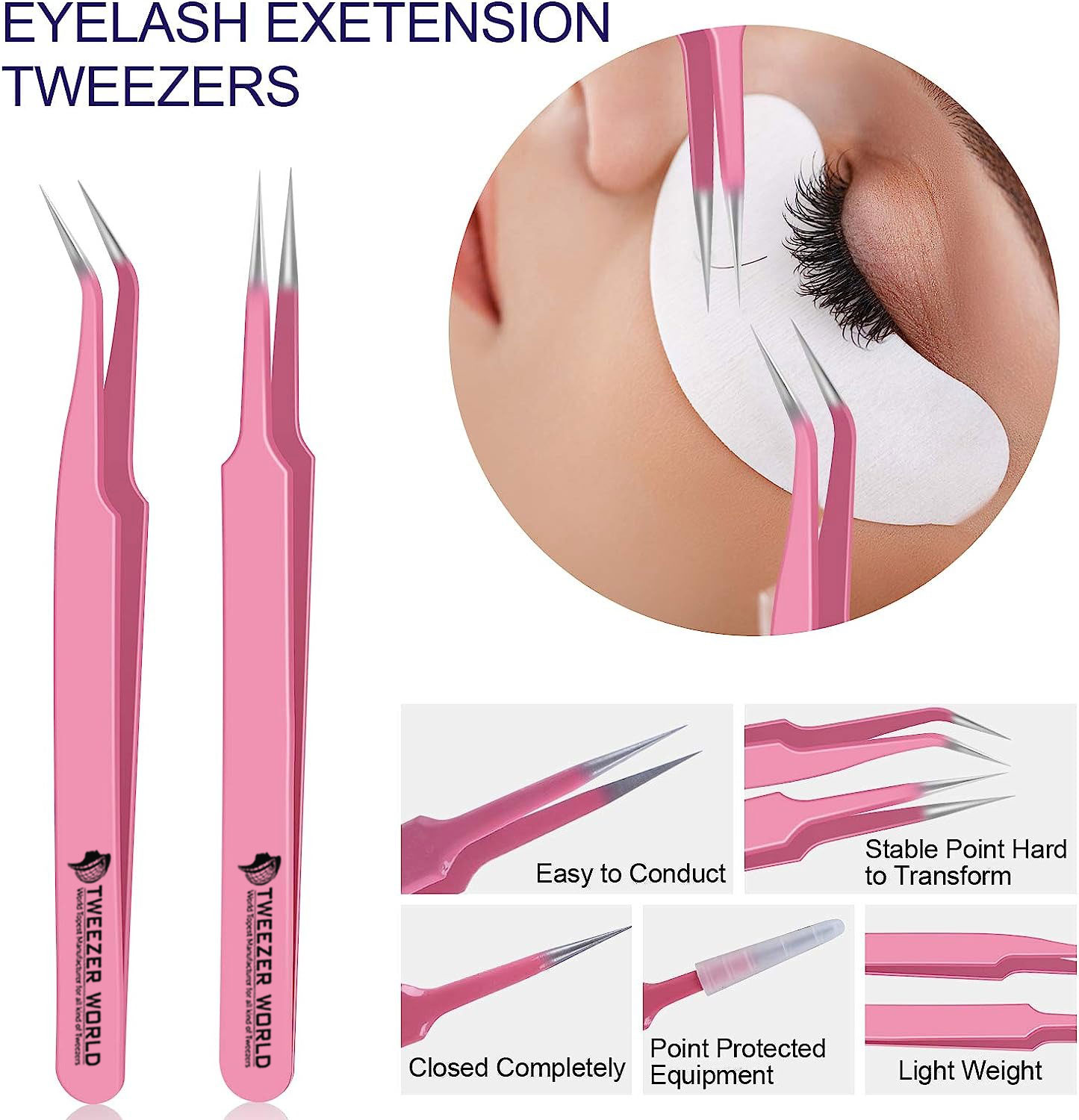 3 Pcs Powder  Coated Pink With Silver Fiber Tip Eyelash Extension Tweezers Set