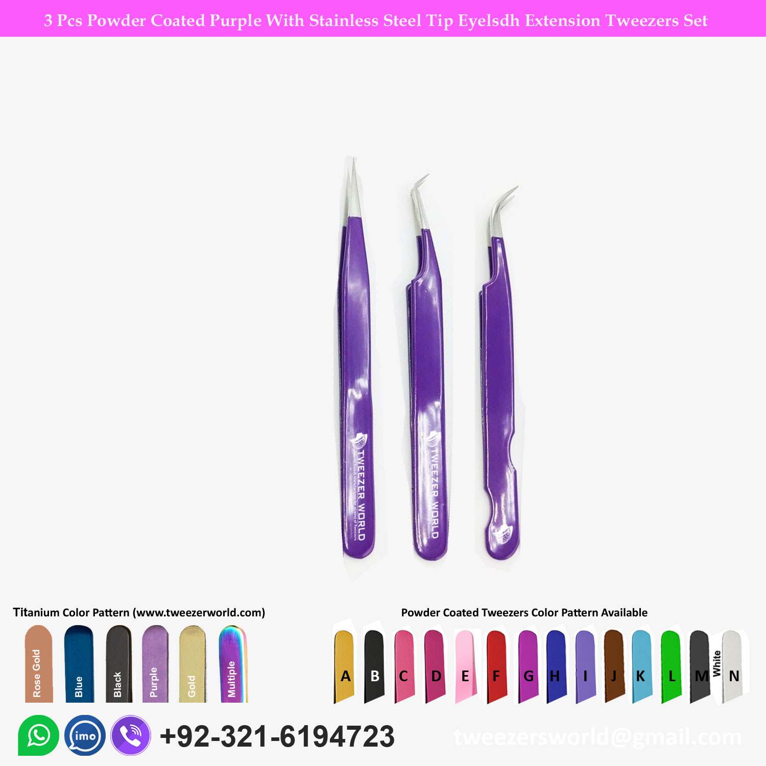 3 Pcs Powder Coated Purple With Stainless Steel Tip Eyelash Extension Tweezers Set