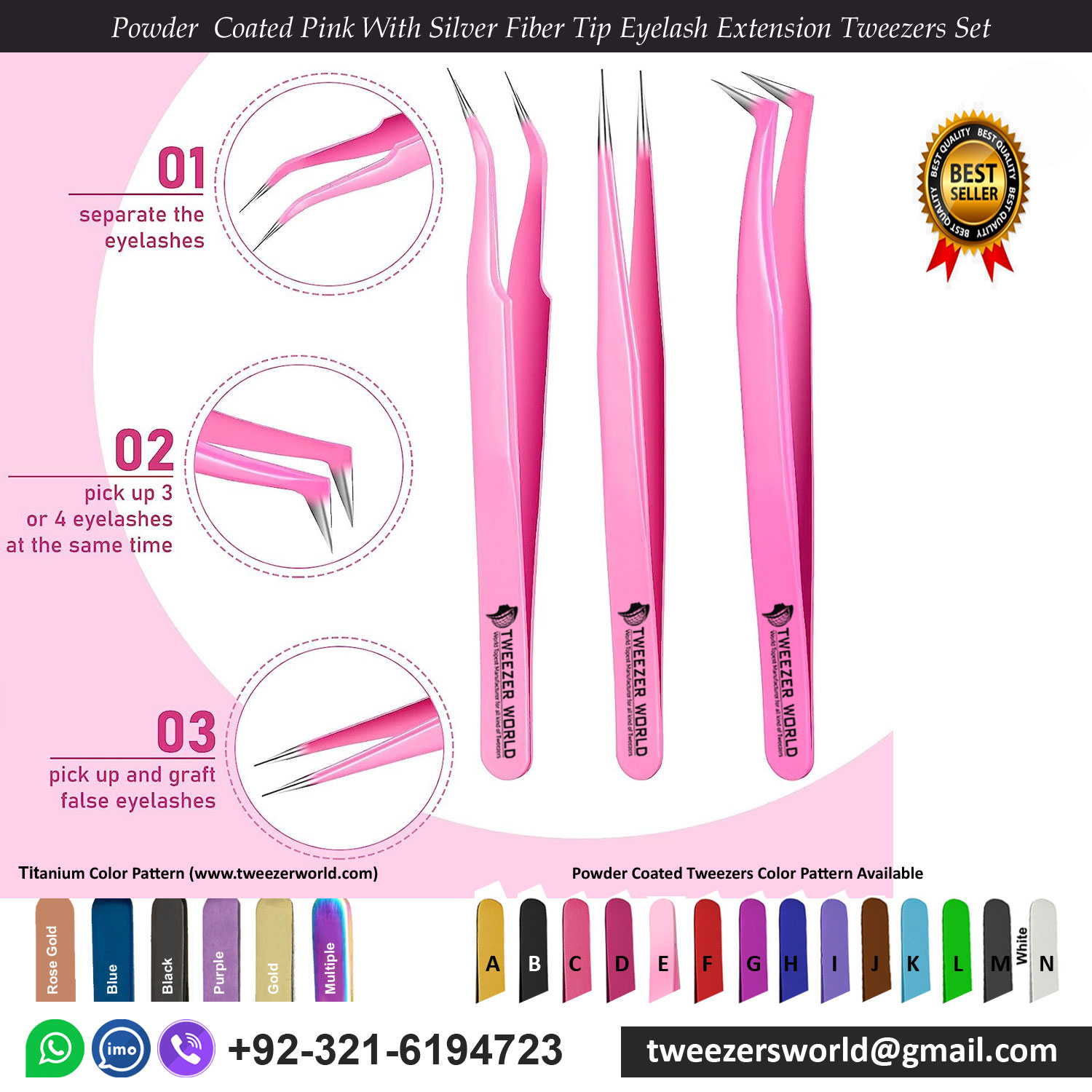 3 Pcs Powder  Coated Pink With Silver Fiber Tip Eyelash Extension Tweezers Set
