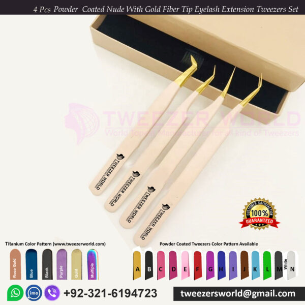 4 Powder Coated Nude Color with Stainless Steel Tip Eyelash Extension Tweezers Set
