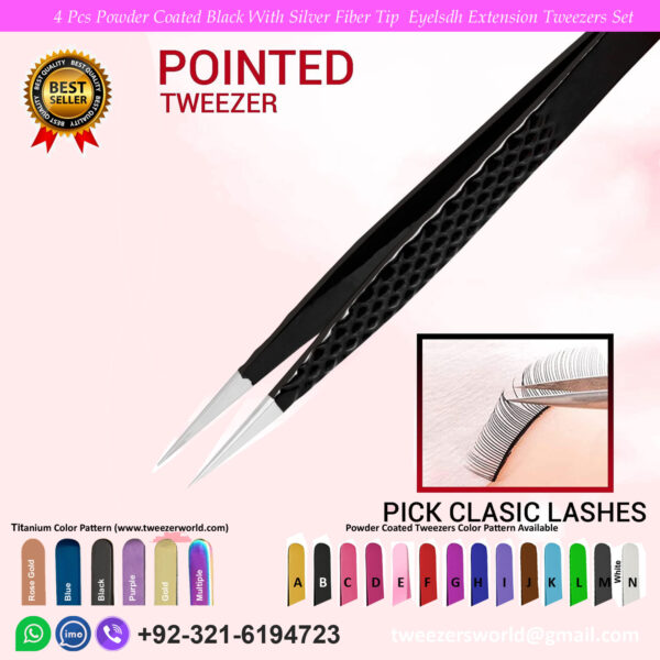4 Pcs Powder Coated Black With Silver Fiber Tip Eyelash Extension Tweezers Set