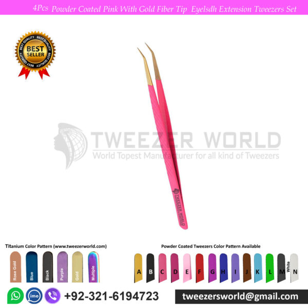 4 Pcs Powder Coated Pink With Gold Fiber Tip Eyelash Extension Tweezers Set