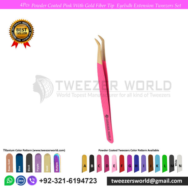 4 Pcs Powder Coated Pink With Gold Fiber Tip Eyelash Extension Tweezers Set