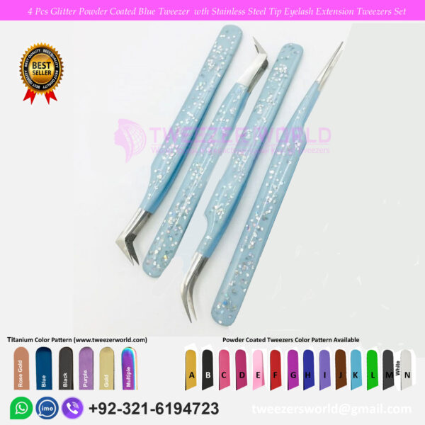 4 Pcs Glitter Powder Coated Blue Tweezer with Stainless Steel Tip Eyelash Extension Tweezers Set