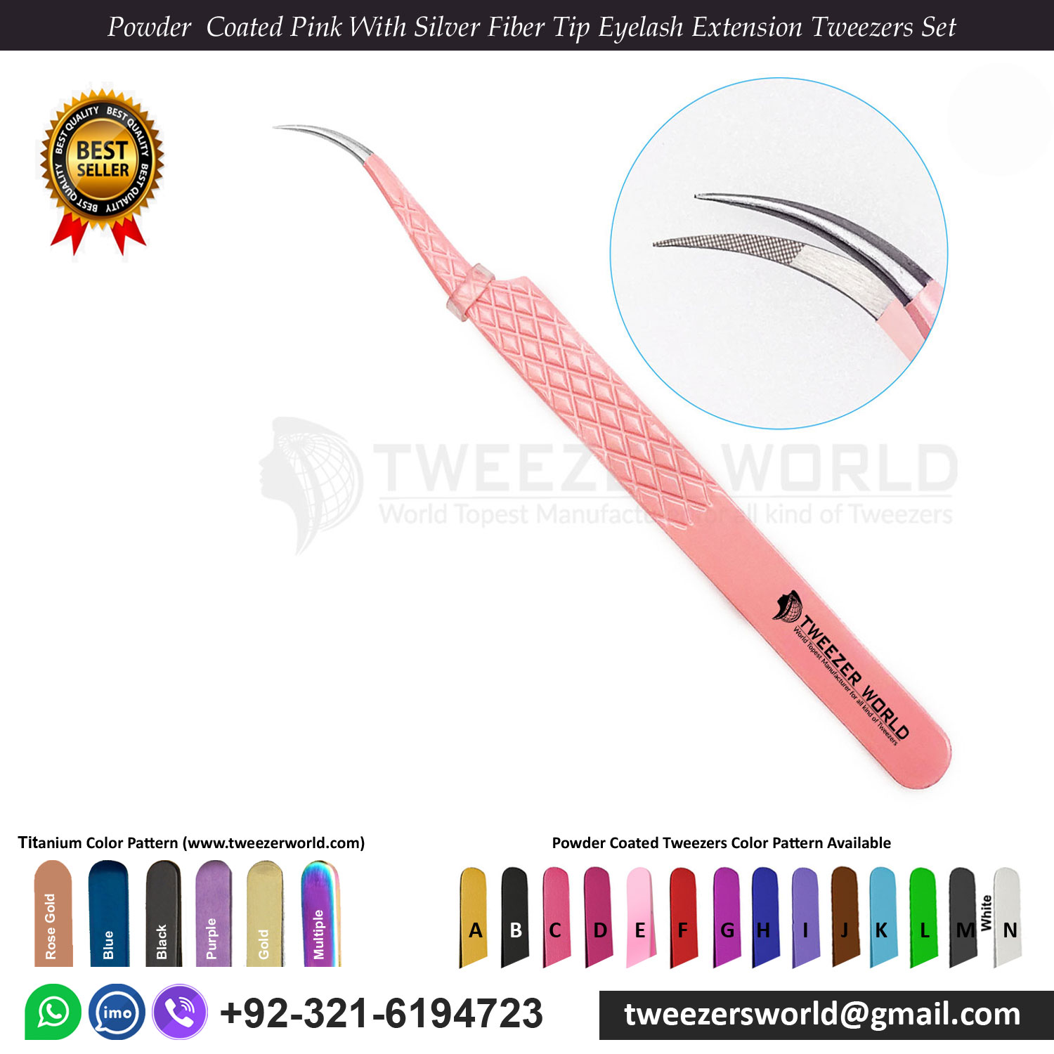 4 Pcs Powder  Coated Pink With Silver Fiber Tip Eyelash Extension Tweezers Set