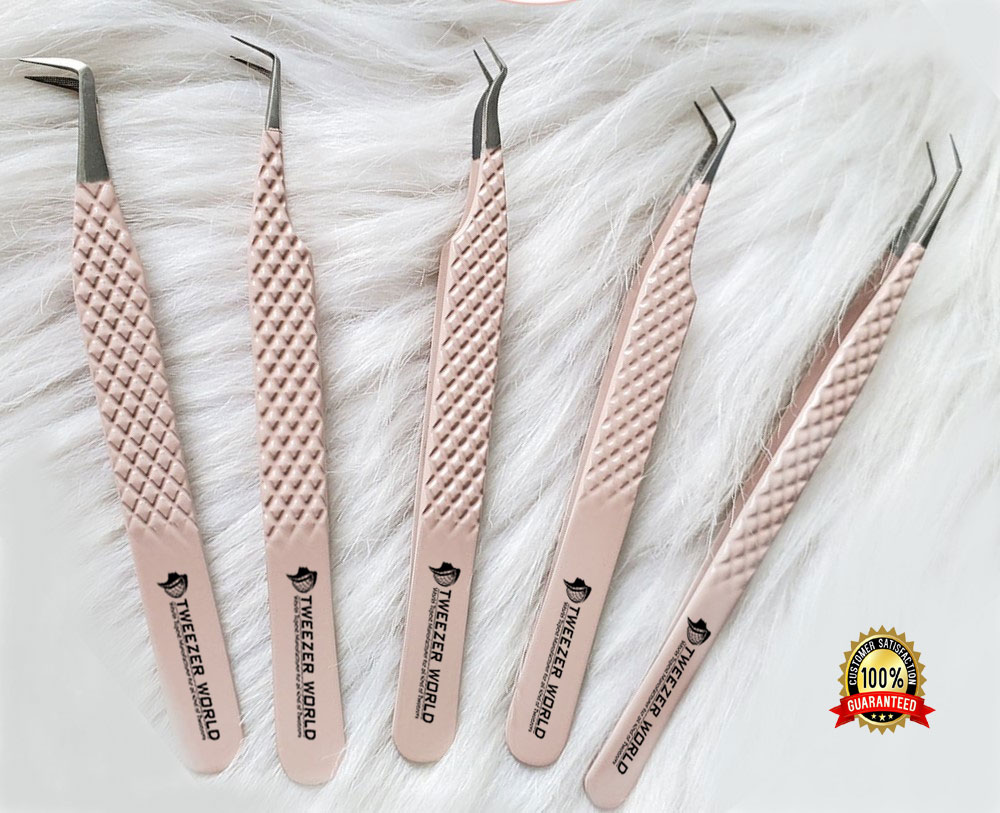 5 Pcs Powder Coated Nude With Silver Fiber Tip Eyelash Extension Tweezers Set For Professionals